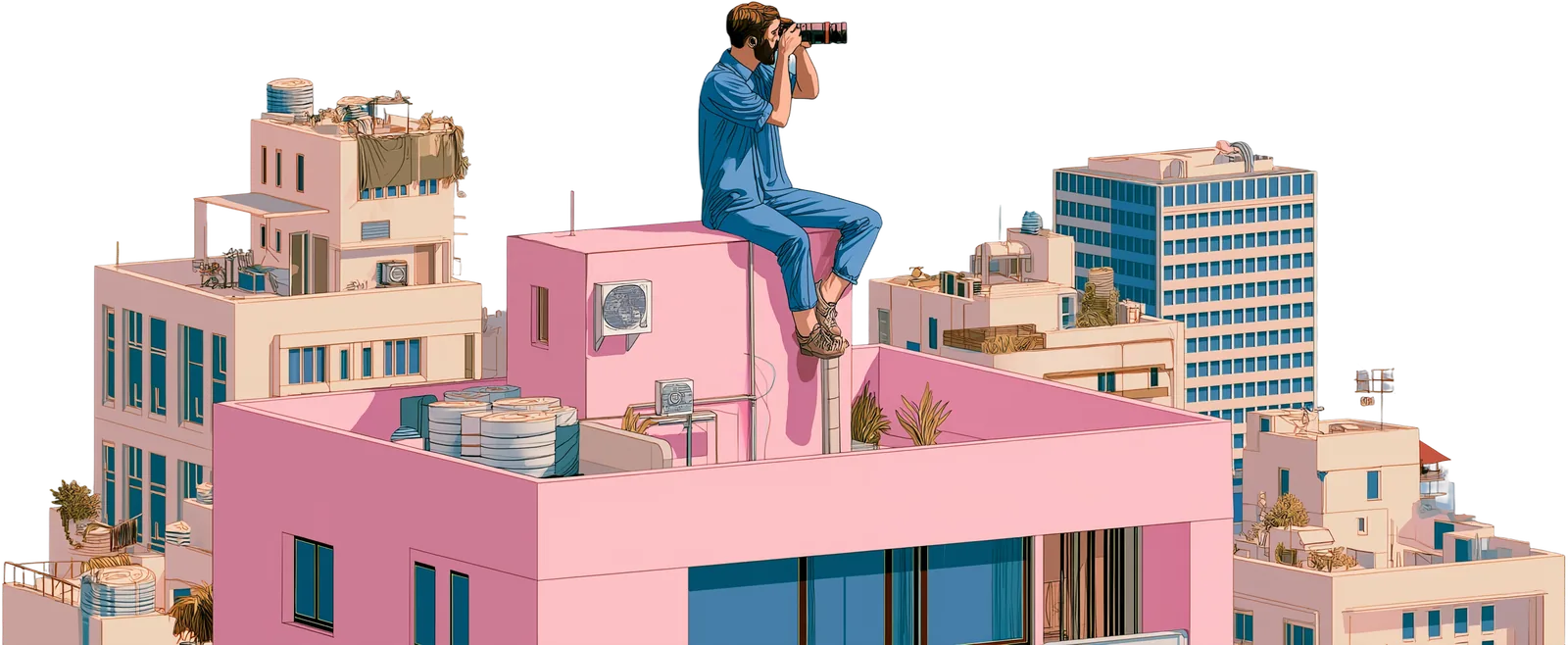 An illustration of a photographer sitting on the edge of a pink rooftop, camera raised, looking out across a city of low houses and towers.